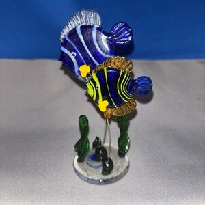 Vintage Miniature MCM Glass Fish on Wire Figurines Blue Yellow Floating Kelp